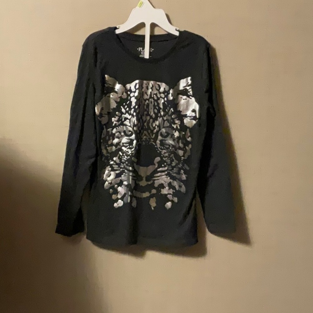 Place Black Long Sleeve Tee with Silver Leopard Design